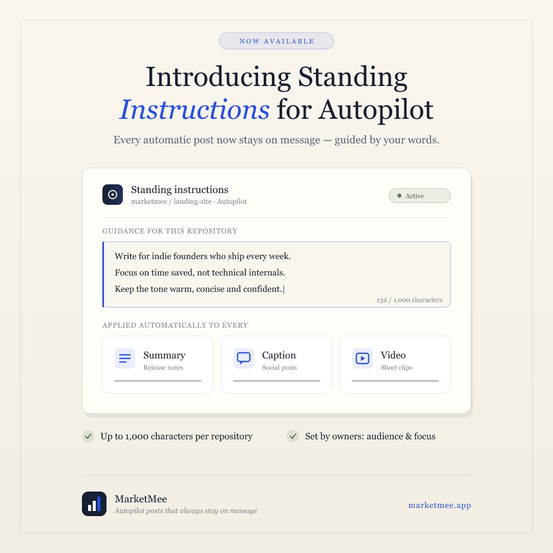 MarketMee image announcing standing instructions for Autopilot, in a serif style on warm paper